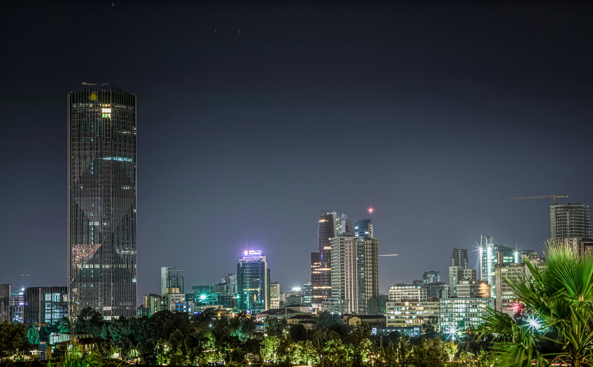 Addis Ababa skyline at night, including the Commercial Bank of Ethiopia headquarters